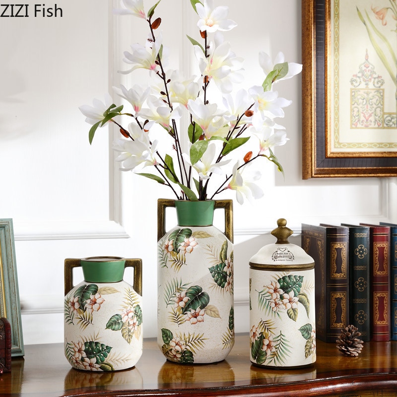 Amerikaanse Keramiek Vaas Bloem Patroon Rustieke Home Decor Desktop Bloemschikken Bloemen Vazen Antieke Decoratieve Ornamenten