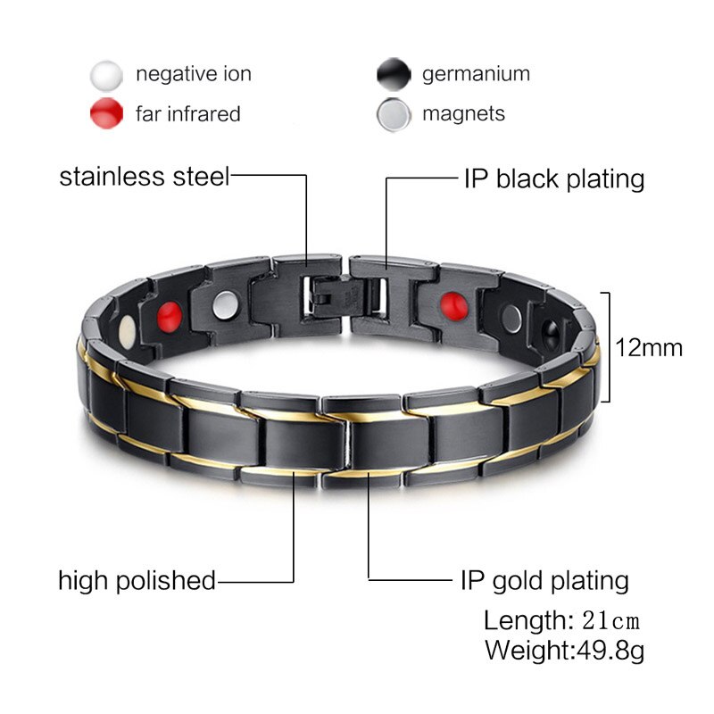 Vnox DIY Adjustable Black Men's Stainless Steel Long Bracelets & Bangles Magnetic Health Care Jewelry