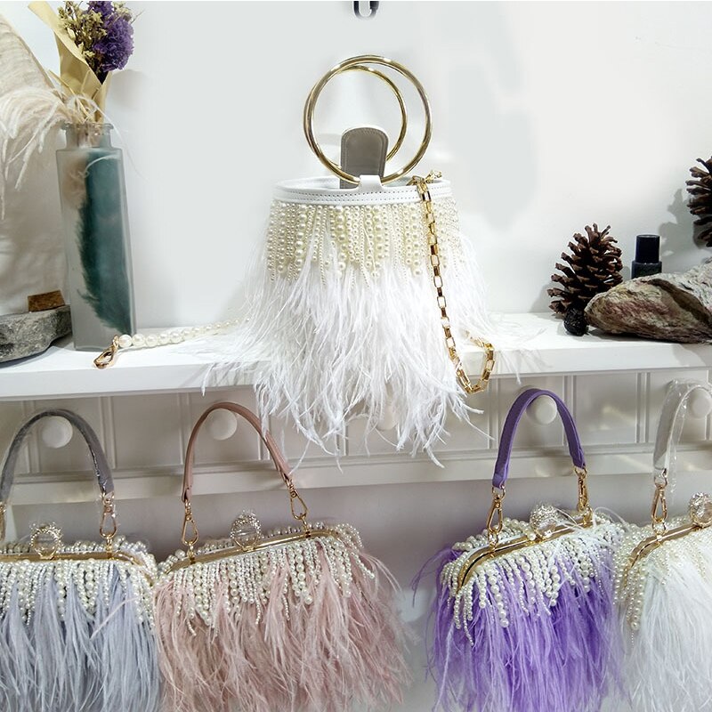 Luxury Ostrich Feather Wedding Purses and Handbags for Women Bucket Tote Pearl Fringe Party Chain Shoulder Bag