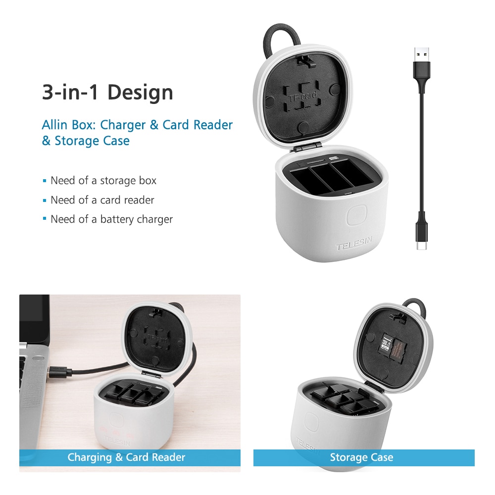 Decodificador TELESIN de batería de li para Gopro 8 7 6 5 y 3 en 1, caja de almacenamiento, cargador, lector de tarjetas para cámara go pro hero 8 5 6 7 hero8