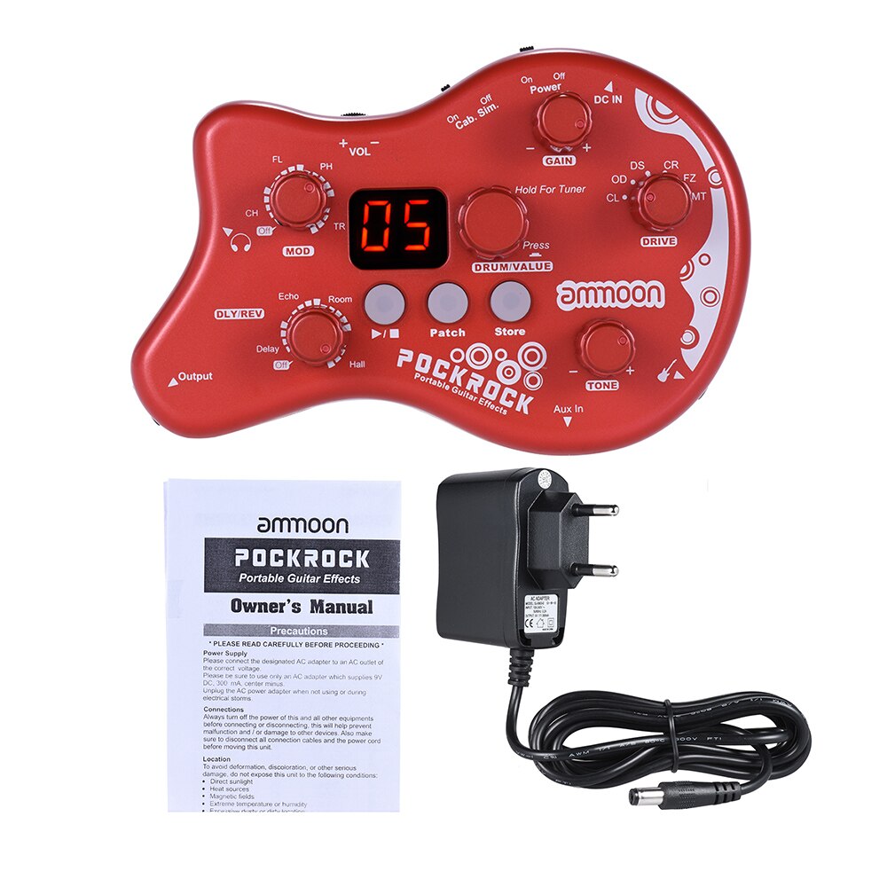 Ammoon PockRock, portátil, para guitarra, con múltiples efectos, procesador, efecto Pedal, 15 tipos de efecto, 40 tipos de batería, función de afinación: Red EU Plug