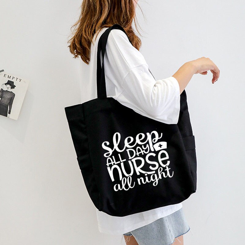 Slaap Alle Dag Verpleegkundige Alle Night Nurse Schoudertas Grote Capaciteit Dames Tote Bag Canvas Tas Vrouwen Boodschappentas
