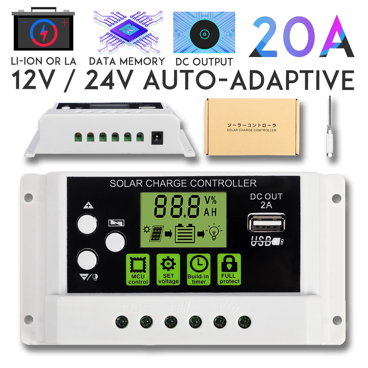20A 12 V/24 V Lcd Display Pwm Zonnepaneel Opladen Controller Li-Ion & Loodaccu Compatibel Usb dc Backlight Display