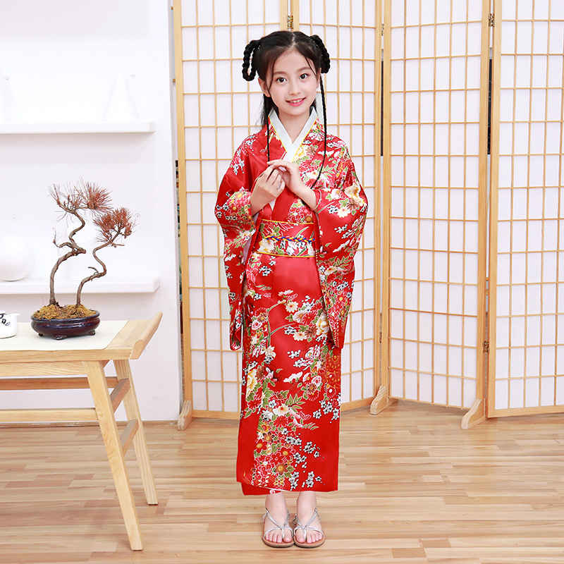 Mädchen Kind Japan Kimono Kleid Traditioneller Haori Yukata Bademantel Satin Luxus Orientalischer Bademantel mit Obi Kinder Cosplay Kleid