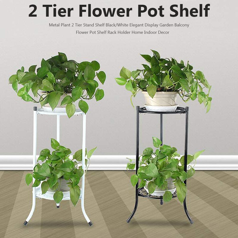 Soporte para maceta, accesorio negro/blanco de 2 niveles, exhibición , jardín, maceta para flores de balcón, estante de soporte, decoración de interior para el hogar