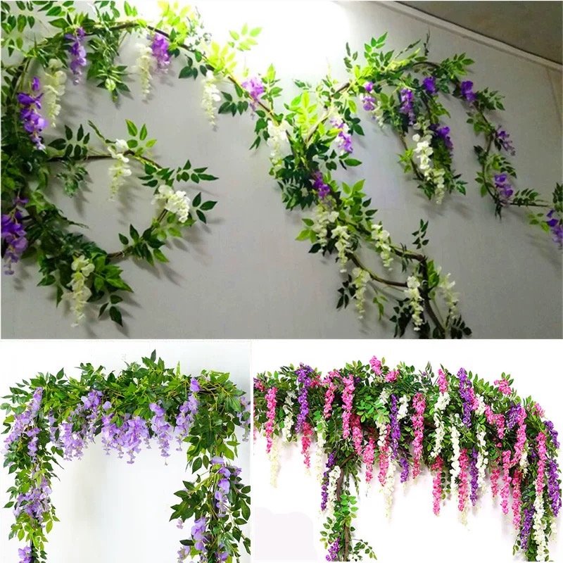 2M Wisteria Kunstbloemen Wijnstok Krans Bruiloft Boog Decoratie Nep Planten Gebladerte Rotan Trailing Faux Bloemen Klimopmuur