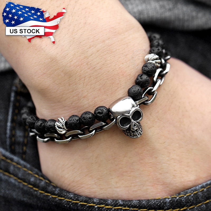 Bracelet en perles de lave noire pour hommes, en acier inoxydable, Double couche, lien de blé, crâne Bracelets porte-bonheur, bijoux d&#39;halloween pour hommes, LDB183