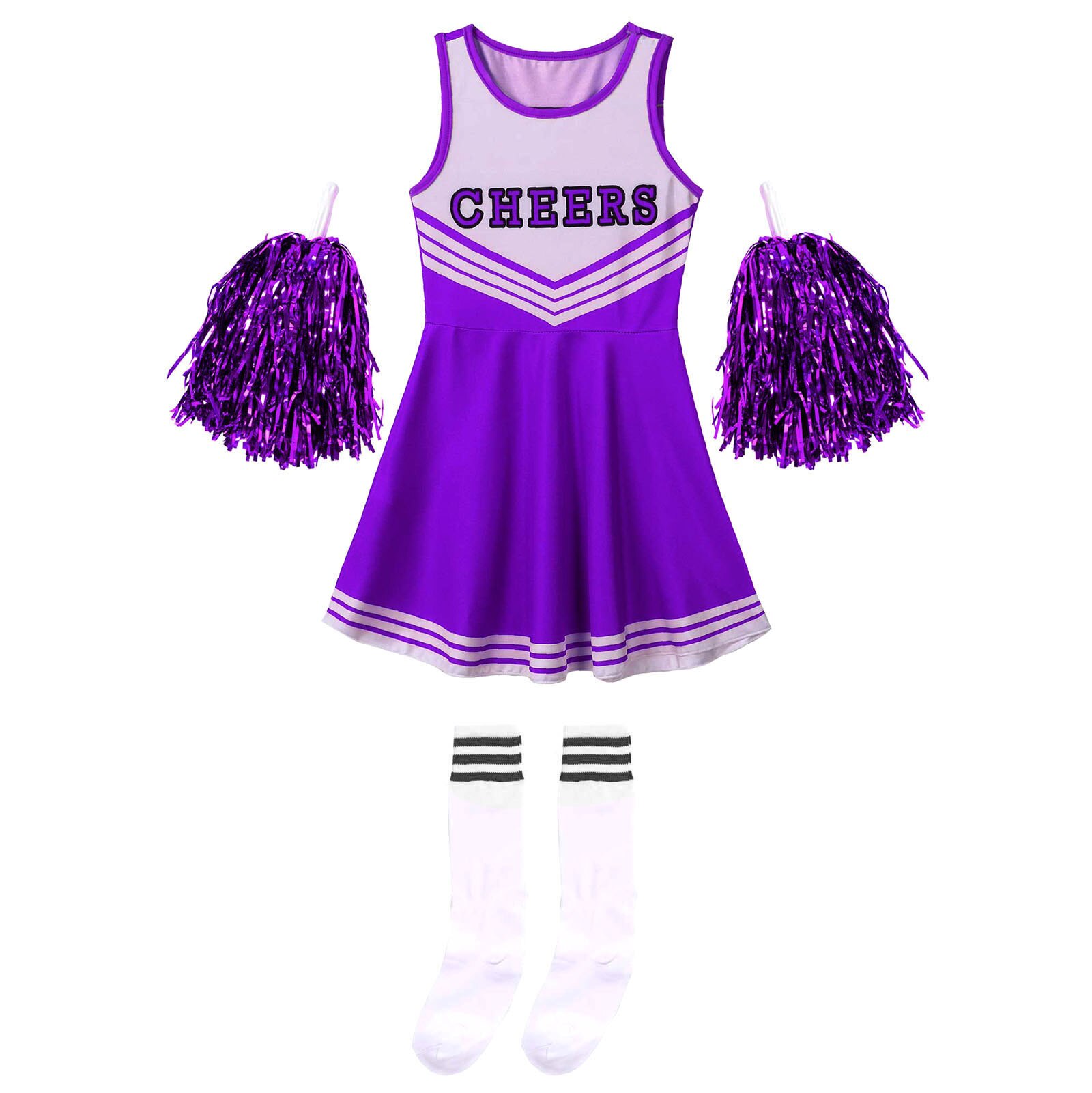 Uniforme de animadora para niños y niñas, traje de baile sin leeveless con cuello redondo y letras estampadas, vestido de baile, flores y calcetines