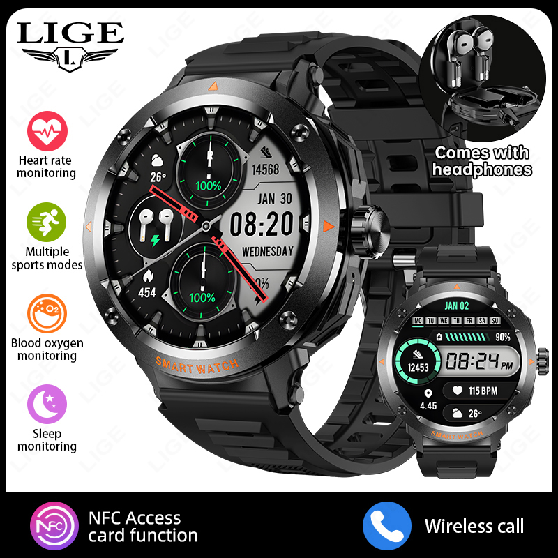 Inteligentny zegarek z słuchawkami 2 w 1 Słuchawki Bluetooth Inteligentny zegarek zdatność naganiacz zwierza z monitorowaniem tętna i tlenu my krwi Zegarek sportowy: czarny
