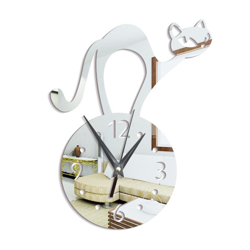 Acrylic Mirror Wall Clock Cartoon Animal Hanging Wall Sticker Clocks Crafts for Home Bedroom Living Room Decoration: Silver