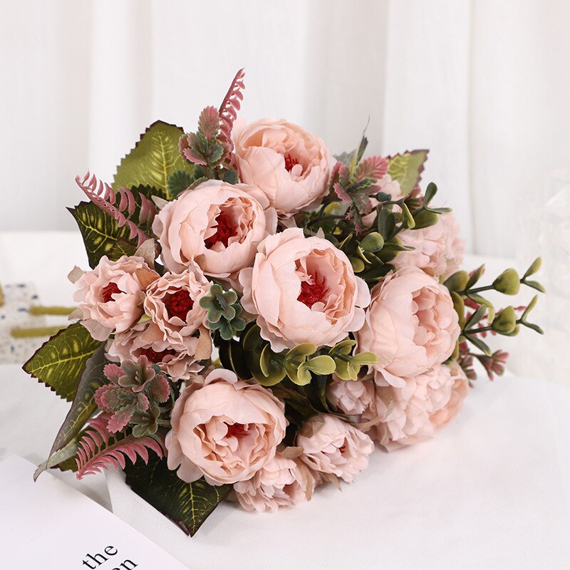 1 bukett kunstig mini peon blomster bukett 9 hoder peon blomster til hjemmet bord vise bryllup diy dekorasjon blomster: champagne