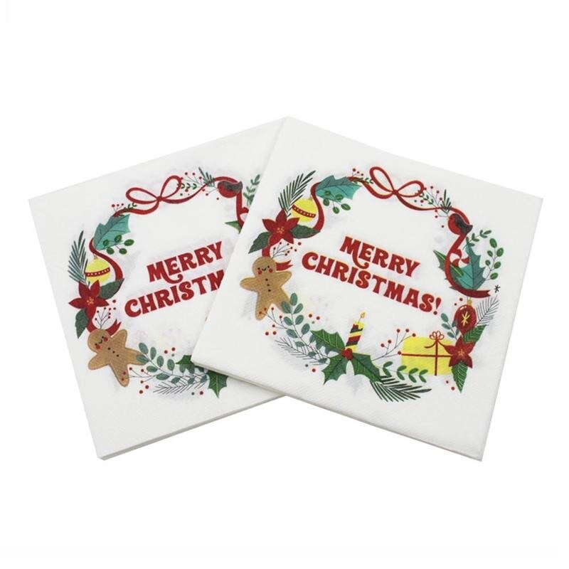 20 pièces/lot serviettes de Table de noël tapis en tissu imprimé Santa Tree bois pâte papier joyeux noël décor cuisine noël Table serviettes