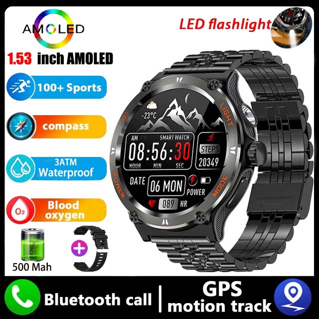 Montre intelligente de camion GPS militaire pour hommes, écran HD AMOLED, fréquence cardiaque, montre intelligente de sport étanche IP68, Android IOS, extérieur, , 2024: Orange