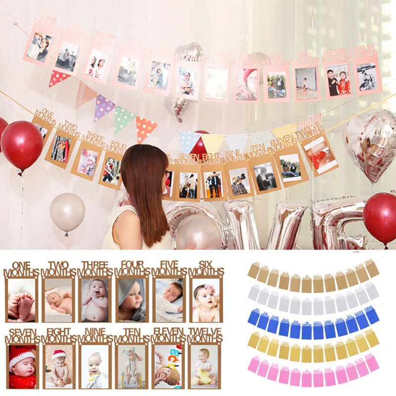 Decoraciones para de primer cumpleaños del bebé, cartel con marco de fotos de primer cumpleaños, suministros para de Baby Shower, 12 meses