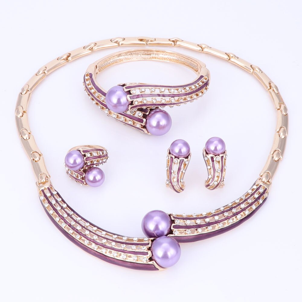 Mærke smykker sæt guld farve smykker sæt kvinder bryllup tilbehør til kvinder simuleret perle krystal halskæde øreringe sæt
