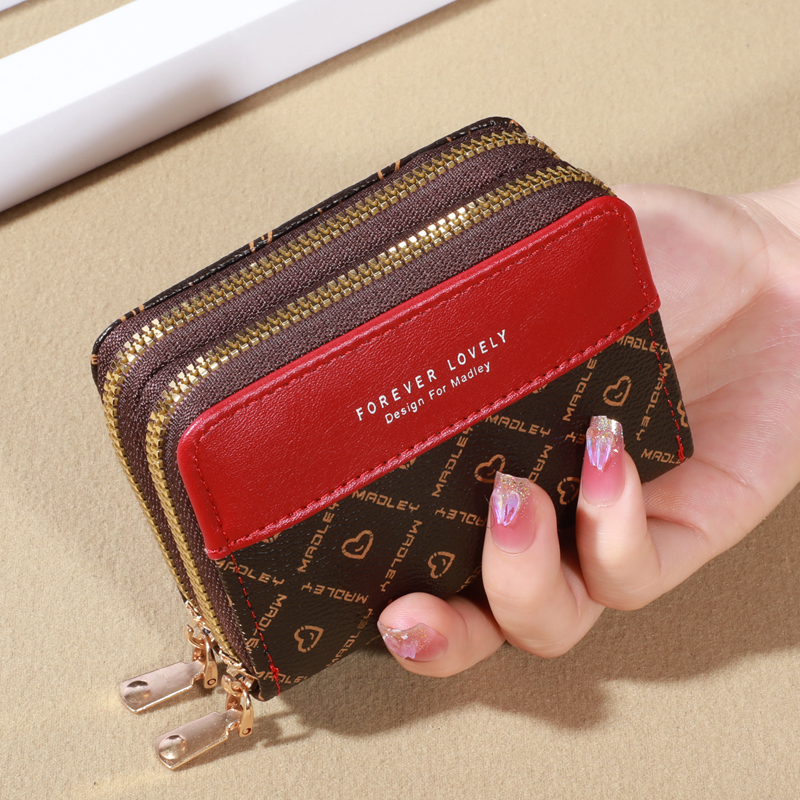 Rfid-Bescherming Mini Portemonnee-Chique Kunstleer Met Dubbele Rits, Meerdere Kaartsleuven En Slipzak, Compacte Klassieke Clutch