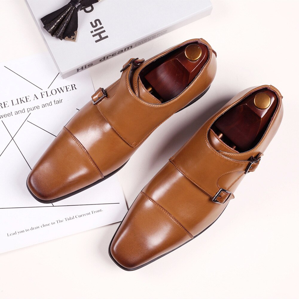 Business Formal Leather Shoe Pointed Toe Dress Shoes Buckle Office Footwear Big Size Male Party Wedding Footwear dfg567: Brown / 6.5