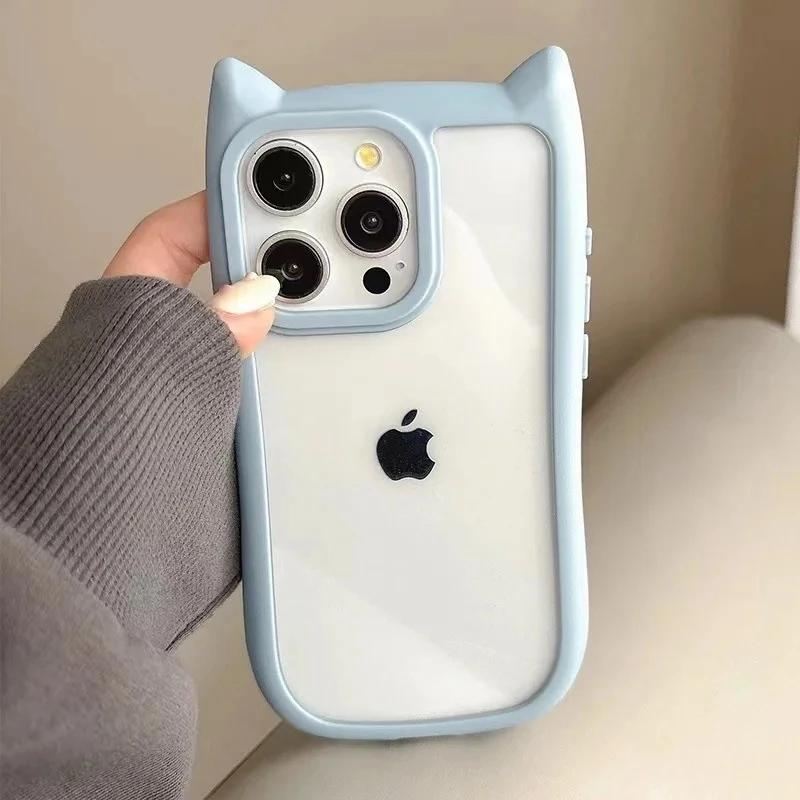 Weiche Silikon-Handyhülle mit niedlichen Katzenohren für iPhone 15, 14, 13, 12, 11, Profi Max, transparent, stoßfest, harte Acryl-Stoßstangen-Rückseite: Polyester / Himmel Blau