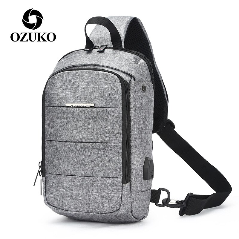 OZUKO sacs à bandoulière imperméables hommes poitrine Pack homme sac à bandoulière grande capacité Oxford poitrine sacs USB sacs de charge pour hommes: Light Grey(9042)