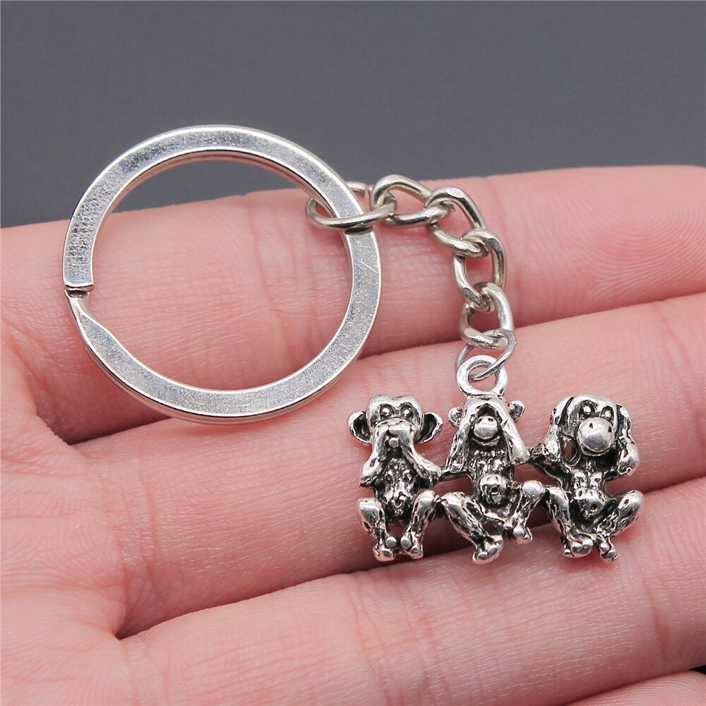 Souvenirs DIY Metal Keychain Holder Antique Silver Color 19x25mm Three Wise Monkeys Pendant Keyring