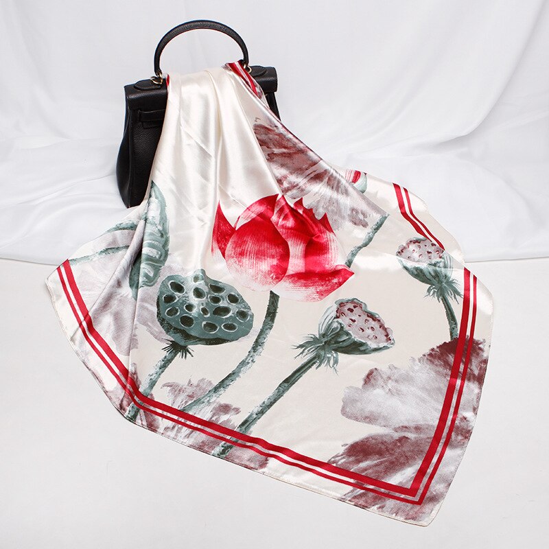 Pure and fresh Chinese style silk scarf scarf 90X90 headscarf printed large square temperament: Red