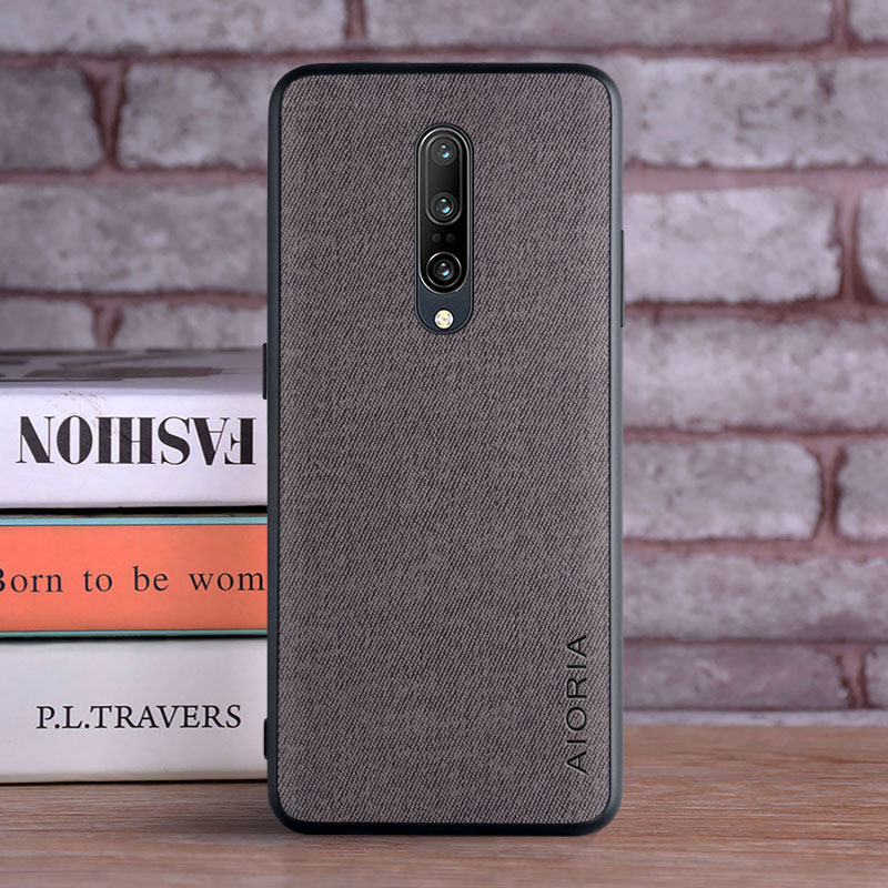 Textiel lederen tas voor Oneplus 7 Pro zachte TPU met achterkant van harde pc-materiaal camerabescherming ontwerphoes: Katoenen stof / Donkergrijs
