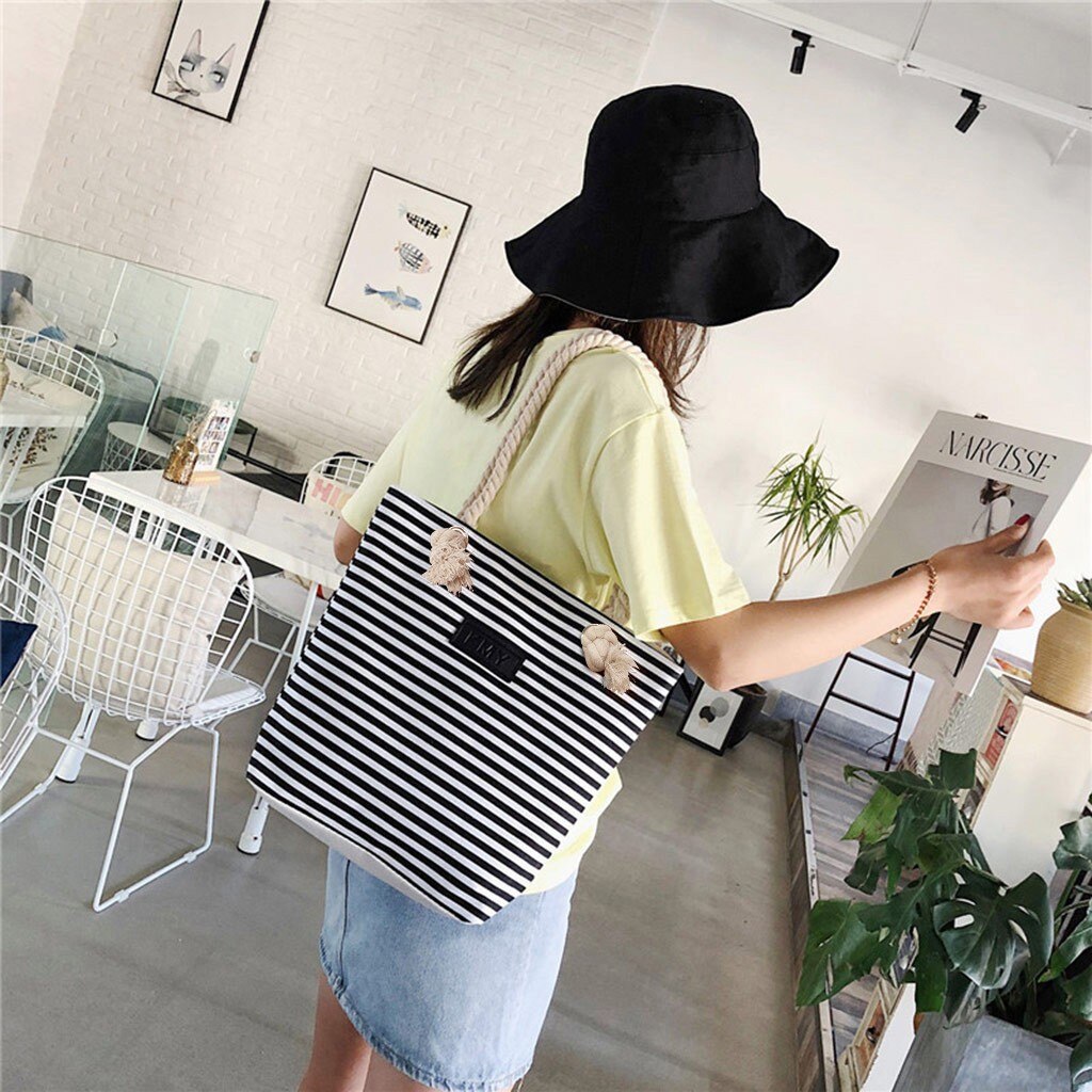 Vrouwen Canvas Streep Boodschappentas Schouder Strandtas Vrouwelijke Casual Tote Grote Wild Ruwe Twine Messenger Bag Dames Handtassen # srn: Black