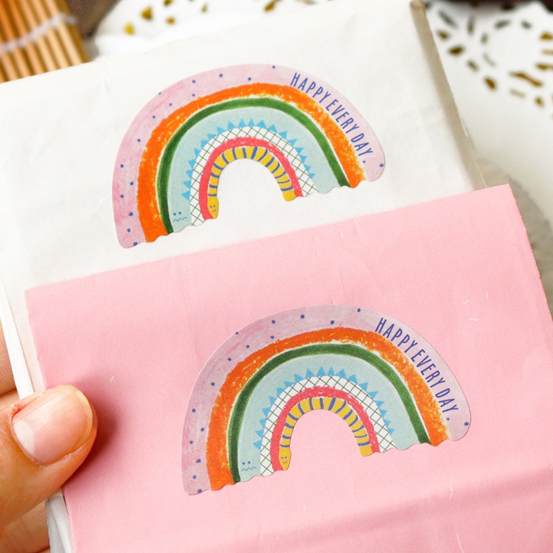 120Pcs Rainbow Labels Dank U Kraftpapier Verpakking Sticker Dragees Snoep Zak Bruiloft Verjaardag Verpakking Merci Stickers