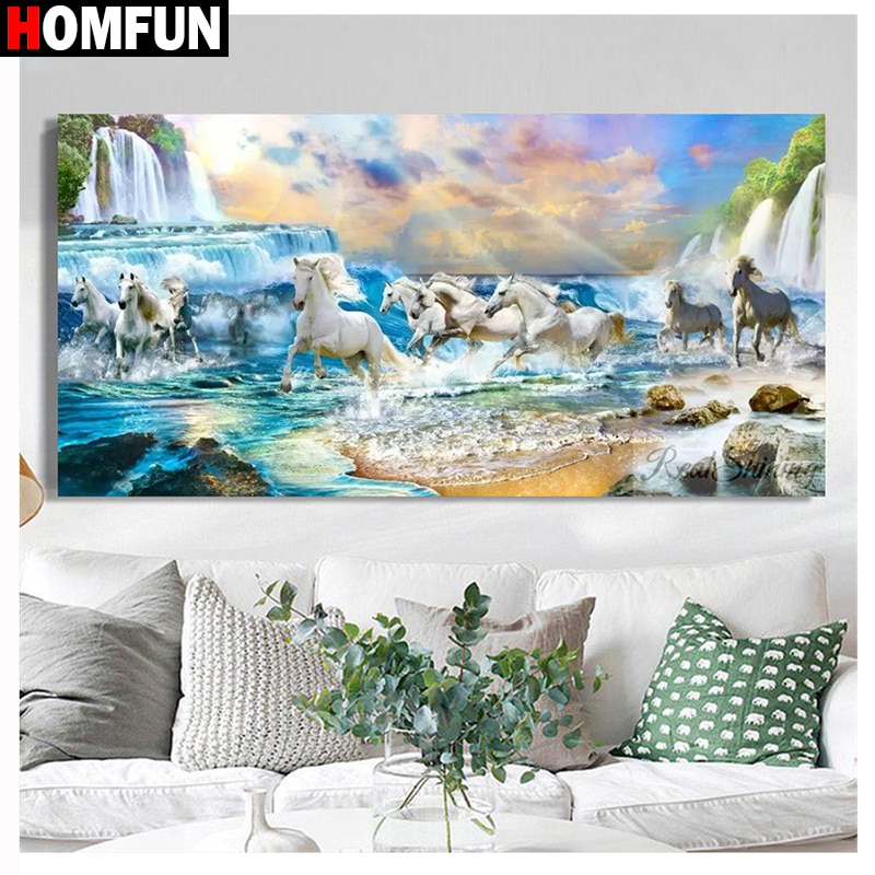 HOMFUN diamant broderie "Animal cheval paysage marin" modèle bricolage 5D diamant peinture couture point de croix pleine perceuse peinture