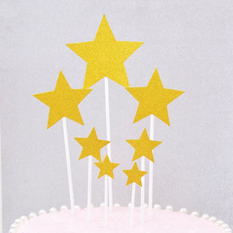 7Pcs Ster Hartvormige Verjaardag Taart Decoratie Kaart Set Dessert Kaart Gouden Rode Ster Liefde Decoratie Kaart Set: Golden Star