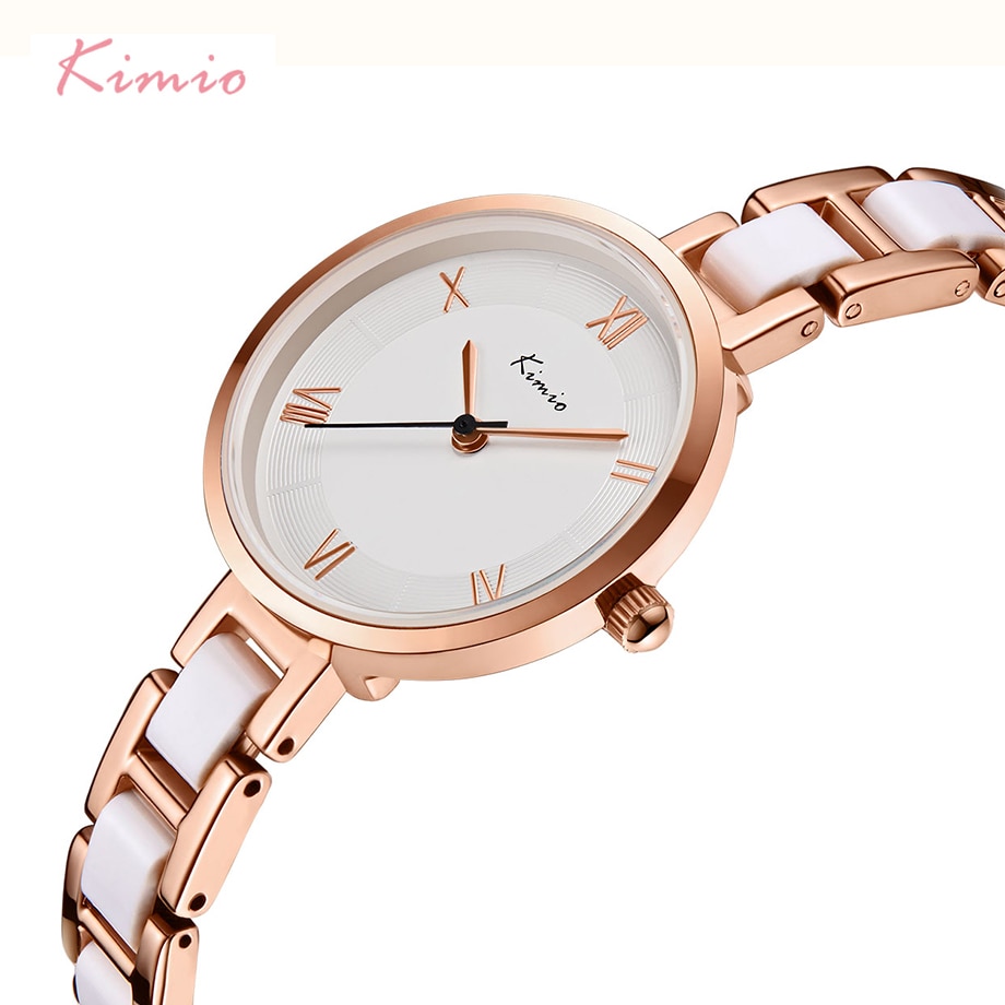 Kimio kvinner hvit imitert keramisk armbånd klokker enkel stor urskive dame kvarts klokke romersk skala armbåndsur