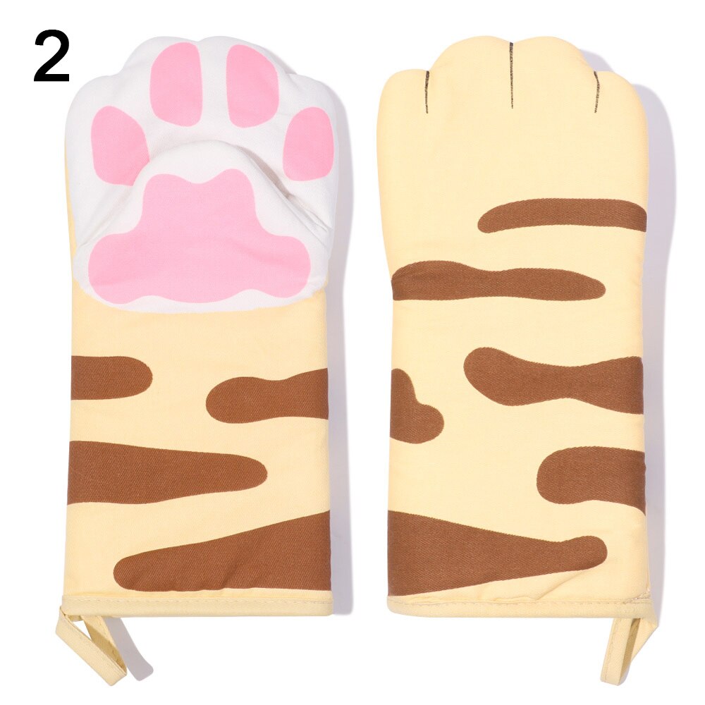 3D Cartoon Animal Cat Paws Oven Mitts Long Cotton Baking Insulation Gloves Microwave Heat Resistant Non-Slip Home Kitchen Gloves: 2