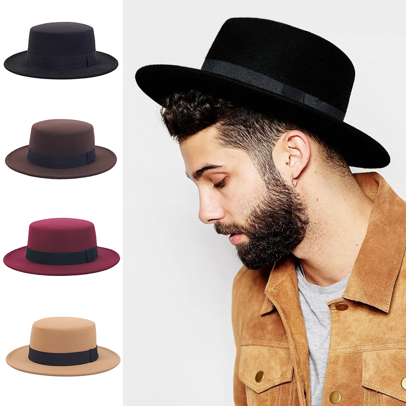 Platt hög hatt dam herr filt bred brättad fedorahatt laday prok pie chapeu de feltro bowler gambler topp hatt