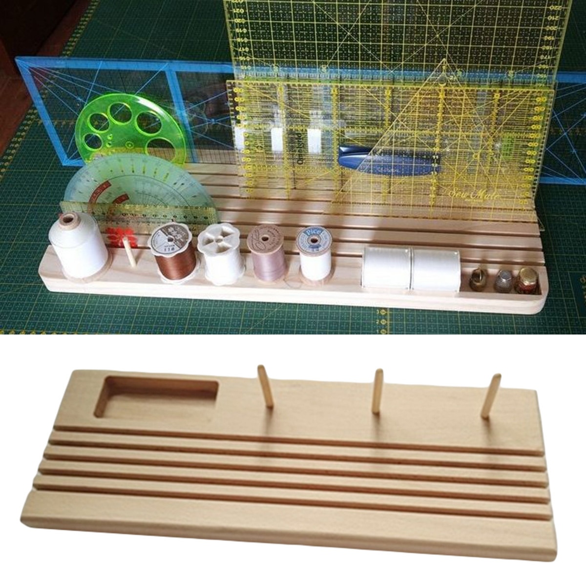 Estante de regla de madera con carrete, organizador de almacenamiento con 5 ranuras horizontales para guardar reglas verticales