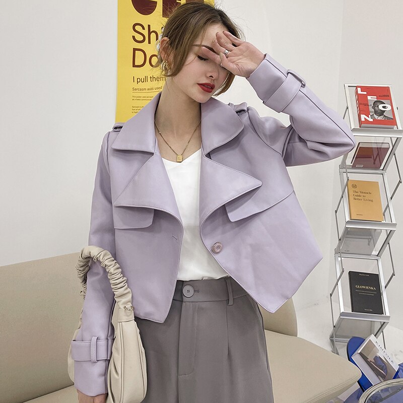 Veste coréenne en Faux cuir PU pour femme, manteau court violet à manches longues, Slim, doux, bouton unique, motard de rue, printemps,