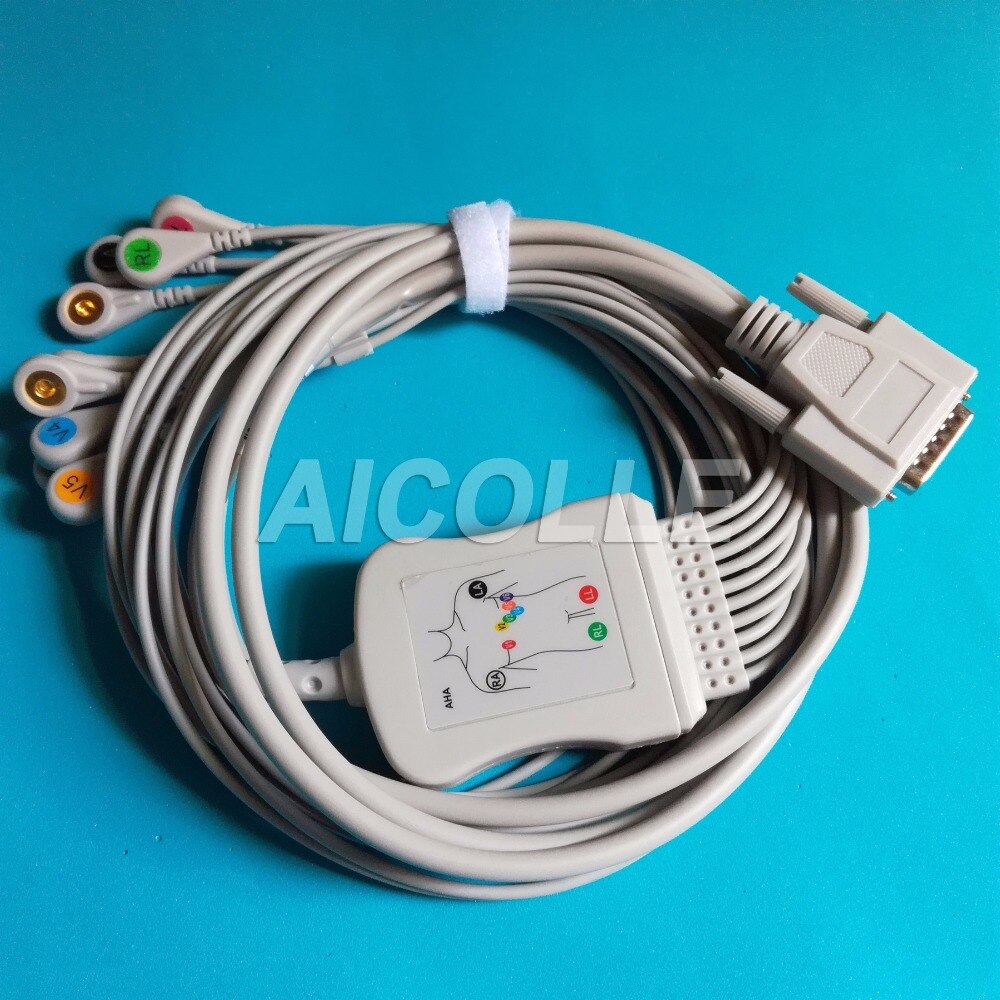 Eletrocardiograma Nihon Kohden 9130K 9110 EKG cable 10 lead ecg cable 15 pin connector snap leads on terminal