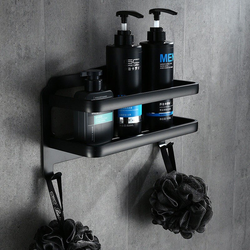 Badeværelseshylde aluminium brusebad shampoo sæbe kosmetisk hjørnehylder badeværelse opbevaring organizer rack sort mat med kroge hylde