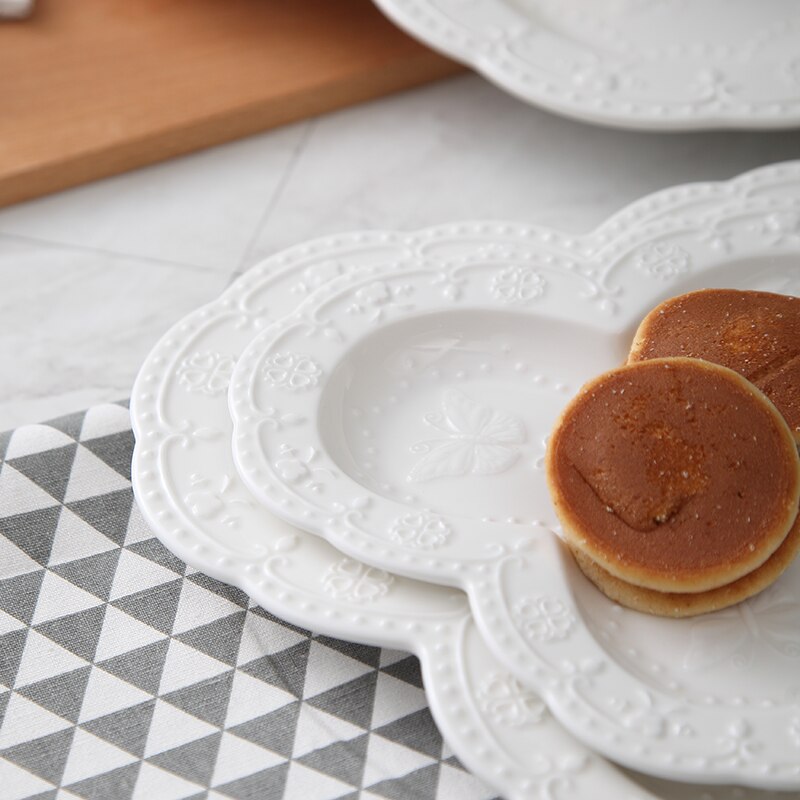 3pcs set, plain white embossed porcelain wedding buffet dishes, butterfly breakfast plate, ceramic dinner plates set