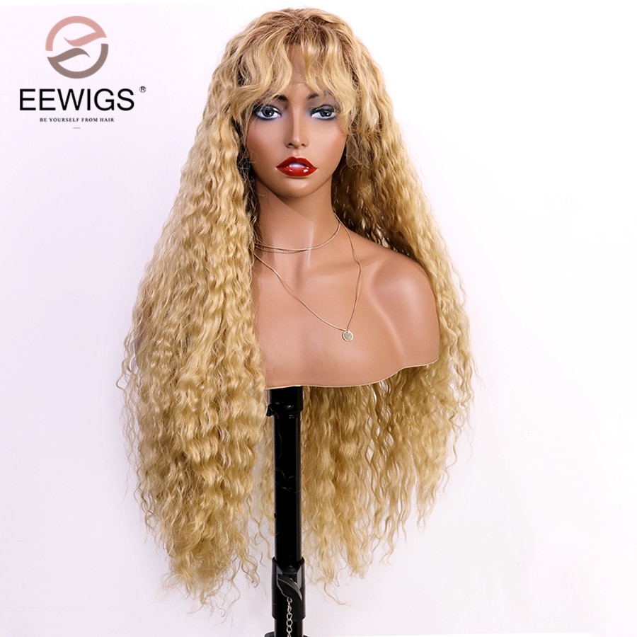 Eewigs Hoge Temperatuur Haar Lijmloze Krullend Ombre Synthetische Lace Front Pruik Bruin Honing Blonde Pruik Hittebestendige Dagelijkse Slijtage