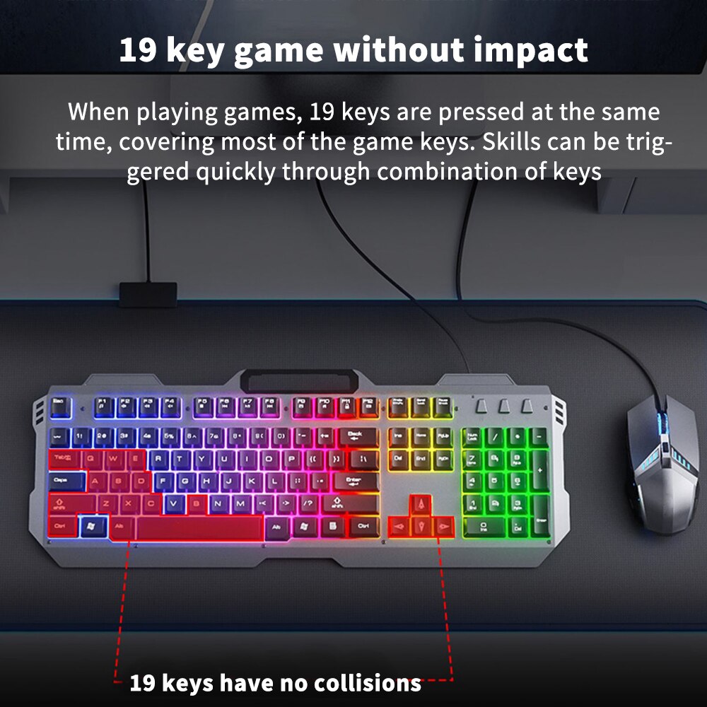 Teclado para videojuegos, ratón con luz de fondo con cable, sensación mecánica, Kit de Gamer silencioso de 3200DPI, juego de ratón para juegos para PC y portátil