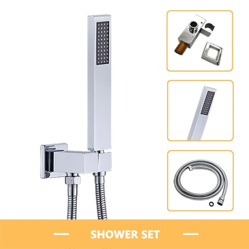 Square Solid Brass Hand Held Shower Head With Wall Connector and Hose Set Bathroom Concealed Chrome Polished Shower Faucet: Hand Shower Set