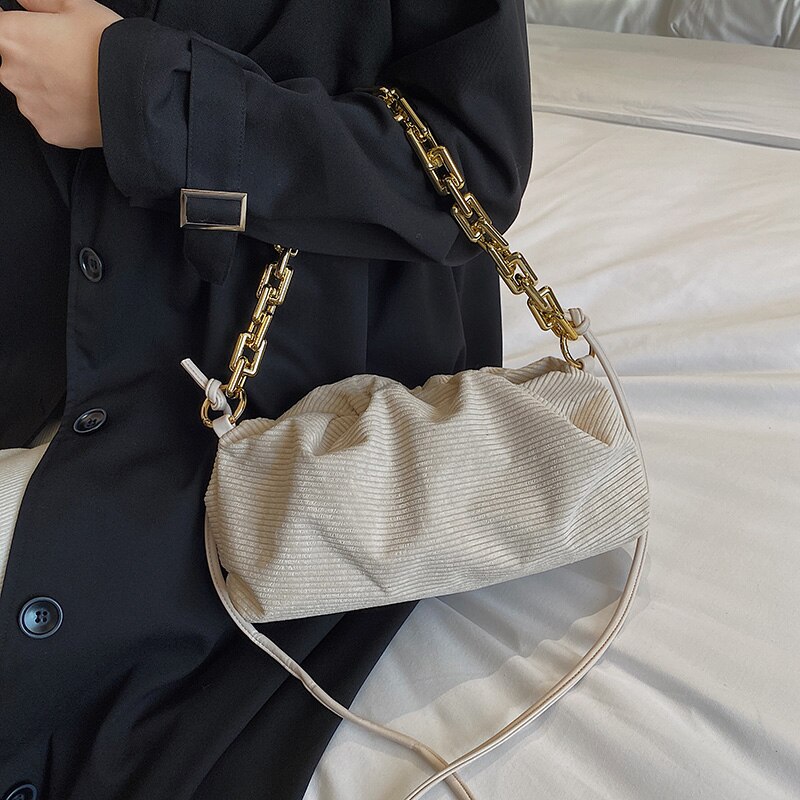 Moda sztruks gruby łańcuch kobiet torebki projektant luksusowe torby na ramię Crossbody torebki Ruched Hobos bagietki torba pani Tote