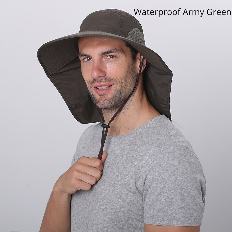Camolad herre spand hatte med nakke flap sommer sol hat til kvinder lang bred randen fiskeri hætter udendørs uv beskyttelse vandreture hat: Vandtæt ay gn