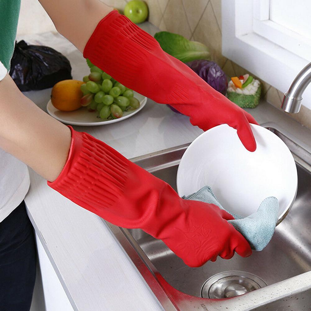 Gants en caoutchouc à manches longues pour femme, 1 paire, rouges, étanches, en Latex, pour la cuisine, le nettoyage de la vaisselle
