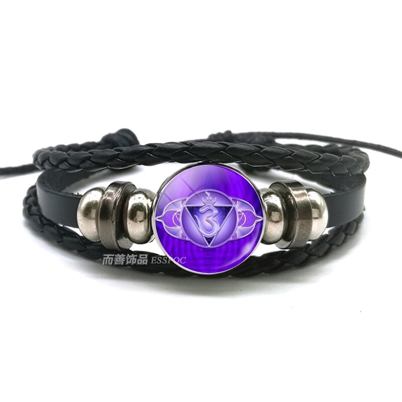 Pulsera de cuentas de 7 Chakras, brazalete de cuero negro con cabujón de cristal para meditación, joyería India para hombres y mujeres: chakra 2