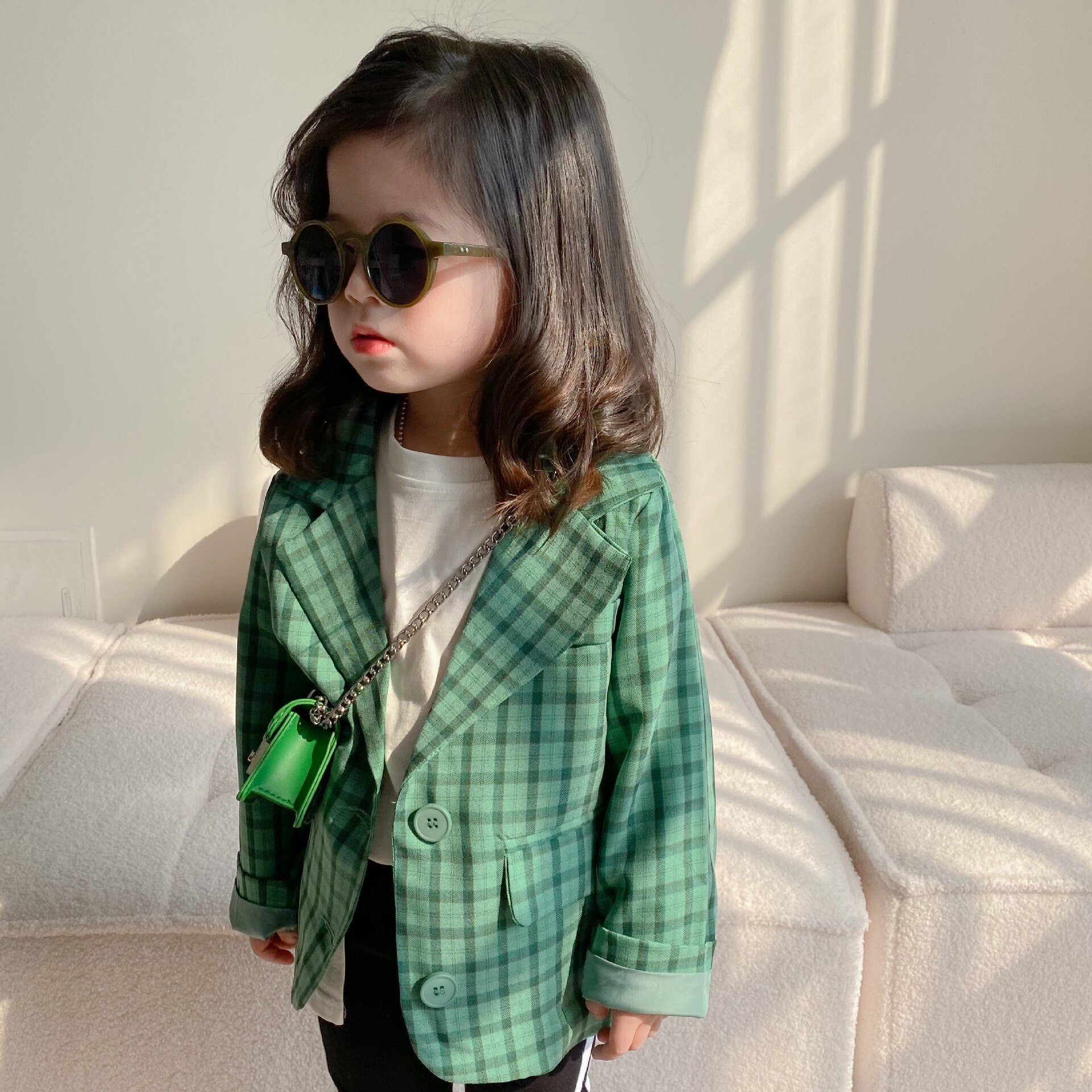 2022 Spring Girls Plaid Coat Green Jacket