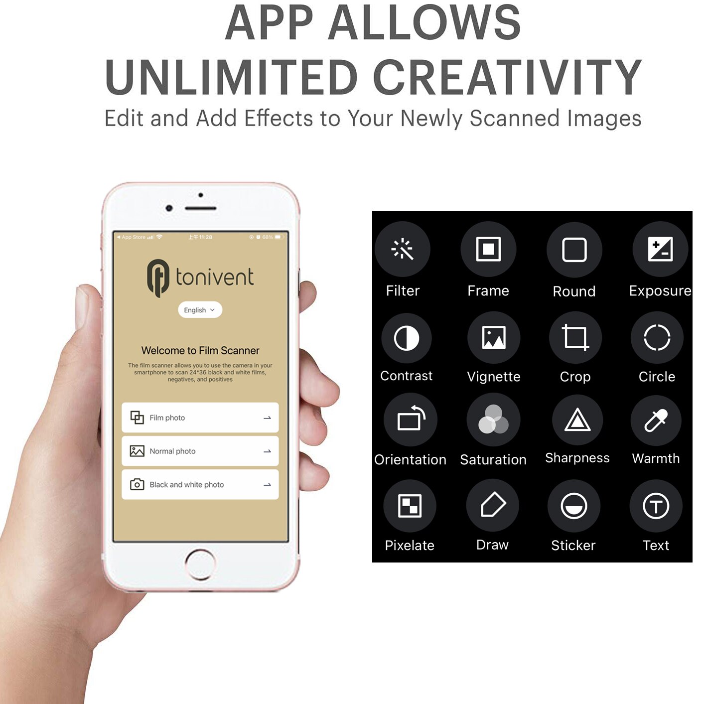 Ton 169 smartphone-filmscanner, unterstützt 35mm/135mm farbfilme und diashow-funktion für selbstgemachte, unterhaltsame erinnerungen