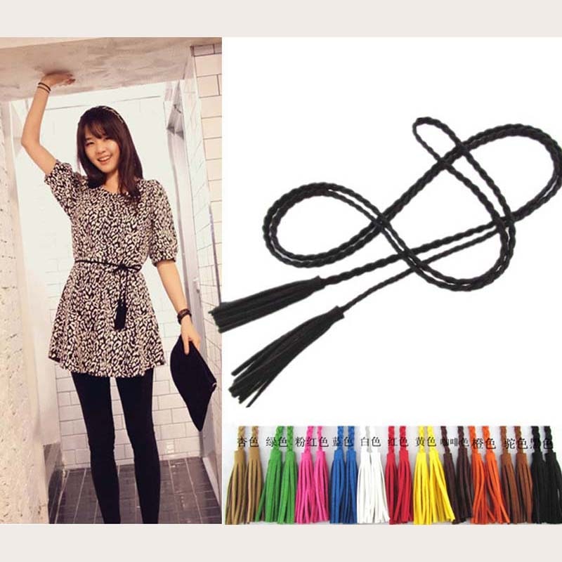 Hand-knit Long Pu Leather Braid Belt String Band with Tassel Casual Partty Dress Belts for Women Girl