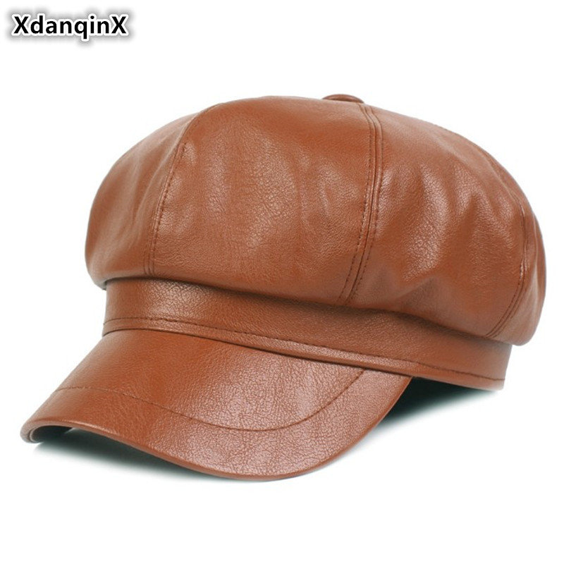 Xdanqinx höst vinter dam hatt pu konstläder newsboy kepsar dam märke keps snapback mössa kvinnliga student hattar