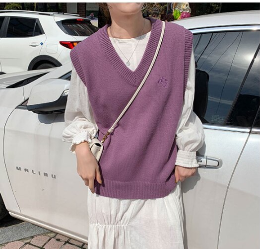 Chaleco de punto holgado sin mangas bordado de estilo colegial japonés, 8 colores , chaleco, suéteres de punto para mujer (X1135): Púrpura